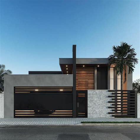 Modern House Facade With Two Garages And Palm Trees