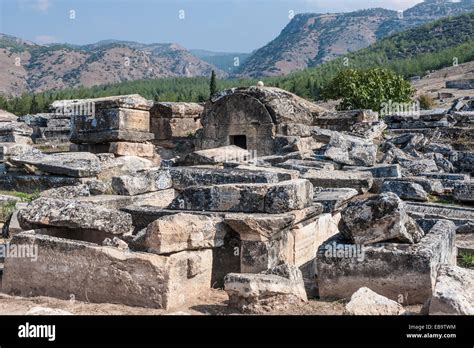 Tombs and sarcophagi, necropolis in Hierapolis, ancient Greek city in ...