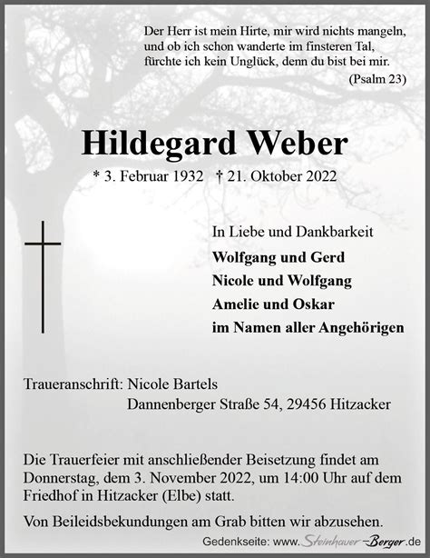 Das Trauerportal F R L Chow Dannenberg Todesanzeigen Hildegard Weber