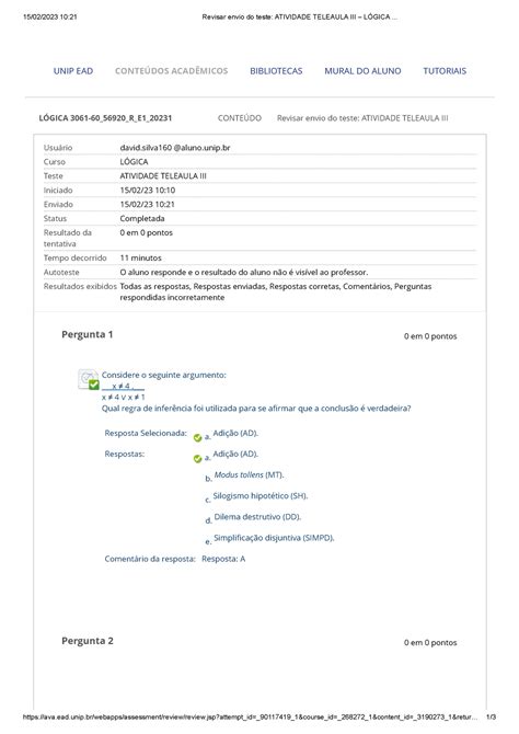 Revisar Envio Do Teste Atividade Teleaula Iii L Gica