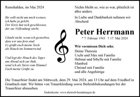 Traueranzeigen Von Peter Herrmann ZVW Trauer