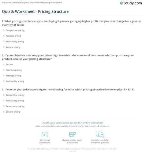 Quiz Worksheet Pricing Structure Study