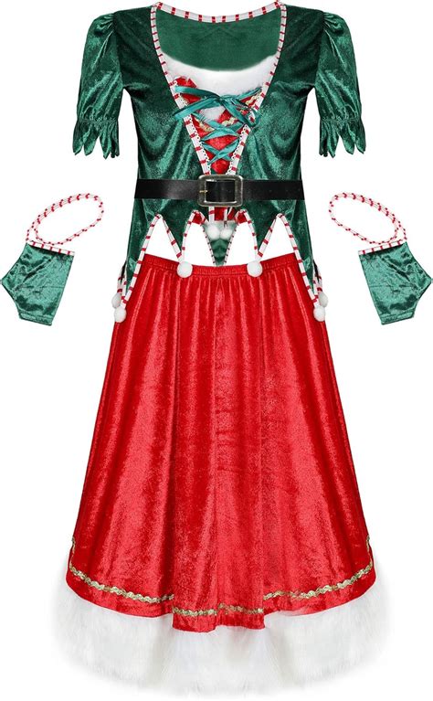 Womens Holiday Elf Costume Dress And Hat Christmas Elf Outfits Cosplay