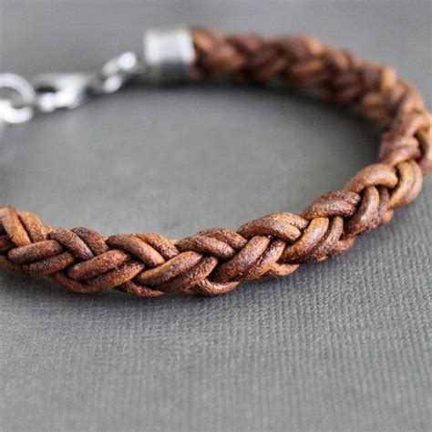 Mens Braided Leather Bracelet Light Brown Sterling Silver Etsy