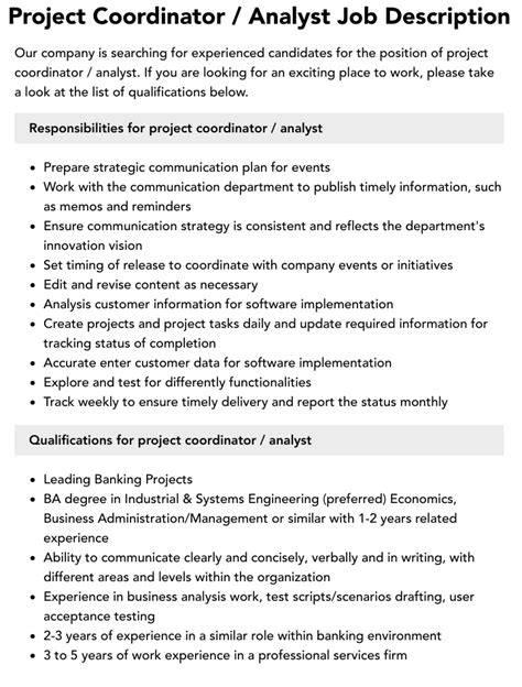 Project Coordinator Analyst Job Description Velvet Jobs