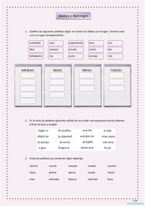 Sílabas Y Diptongos Ficha Interactiva Topworksheets