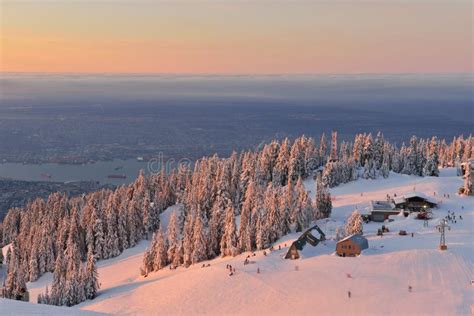 Grouse Mountain Ski Resort at Sunrise Stock Photo - Image of columbia ...