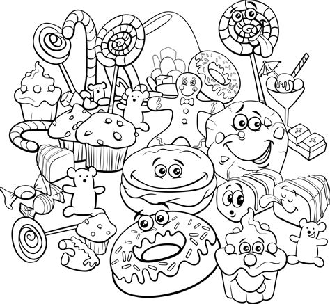 Cartoon Sweet Food Objects Group Coloring Page 9830701 Vector Art At