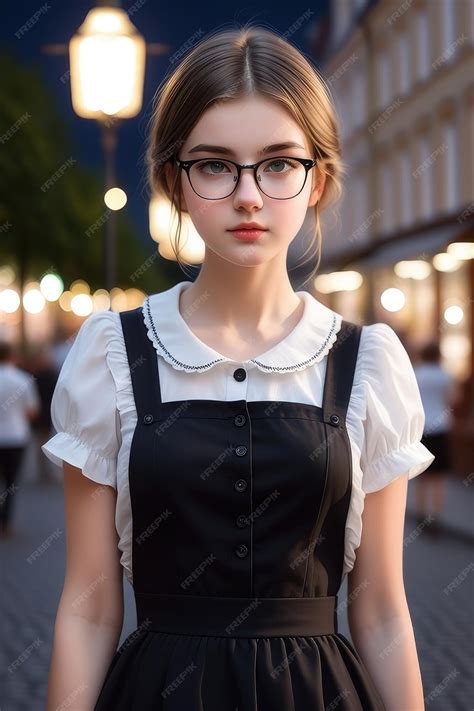 Premium Photo A Pretty European Girl In A Black Pinafore Dress And Glasses On A Night