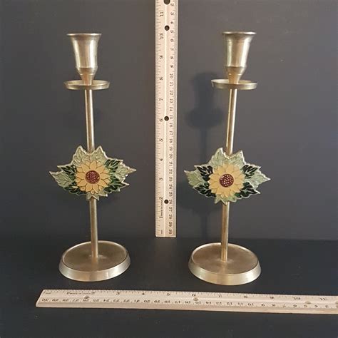 Pair Of Tall Brass Candlesticks Enameled Sunflower Etsy Canada