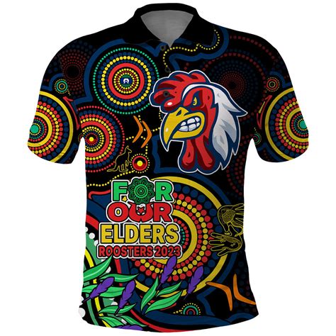 Roosters Rugby Aboriginal Art Polo Shirt Naidoc Indigenous Tribal Fegrin