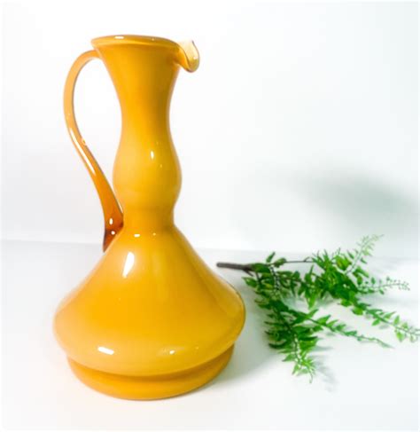 Vintage Tall Art Glass Pitcher Yellow W Amber Handle Hand Blown Italy Murano Style Cased