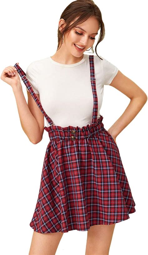 Shein Womens Classic Tartan Plaid High Waist Suspender Skater Flare