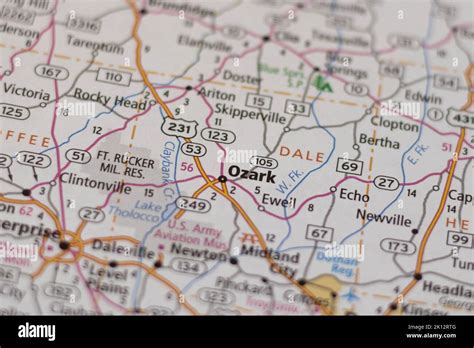 Ozark Alabama closeup on a road map Stock Photo - Alamy