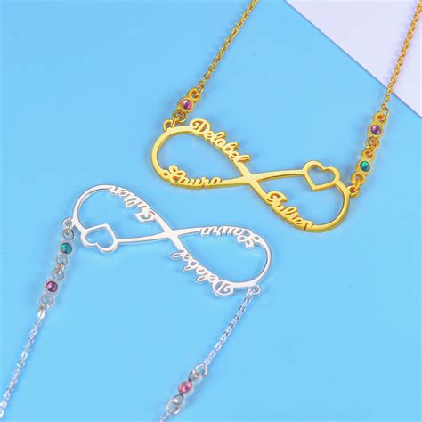 Custom 3 Names Infinity Necklace With Birthstones Customize With Any