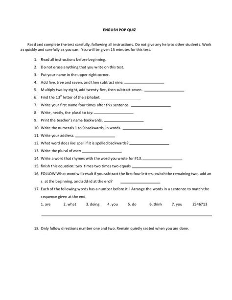 English Pop Quiz Complete Test With Instructions