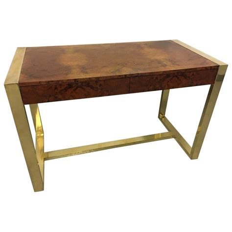 1970s Burl Wood And Brass Desk At 1stdibs