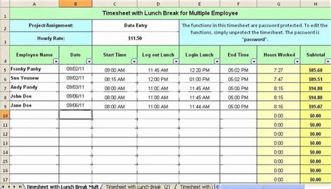 The Spreadsheet With Lunch Break For Multiple Employees