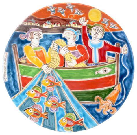 Ceramiche Di Sicilia 14 5 Round Serving Wall Platter W Fishermen Near