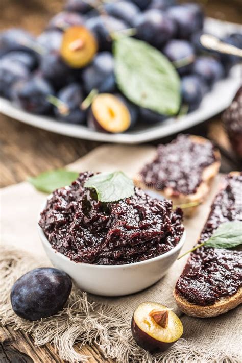 Breakfast from Homemade Plum Jam Bread and Ripe Plums. Stock Photo ...