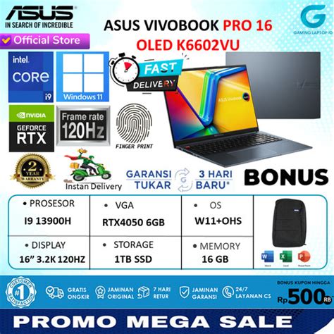 Promo Asus Vivobook Pro 16 Oled K6602vu I9 13900h Rtx4050 1tb 16 32k W11 Standar Cicil 0 3x