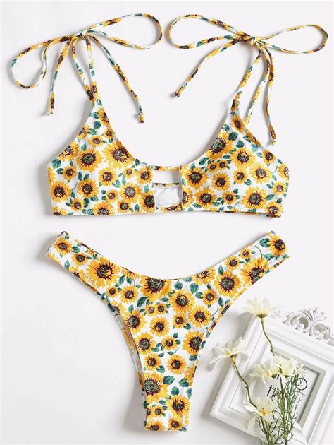 2018 Sexy Swimwear Beach Suit Sunflower High Cut Bikini Set Bathing