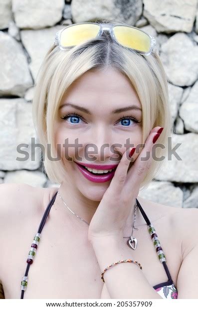 Woman Bikini Smiles On Background Stone Stock Photo Shutterstock