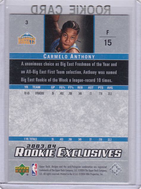 CARMELO ANTHONY ROOKIE CARD 2003 Upper Deck Exclusives 3 Basketball