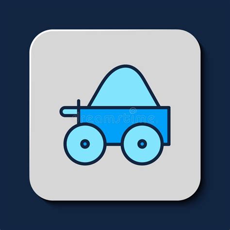 Filled Outline Wooden Four Wheel Cart With Hay Icon Isolated On Blue