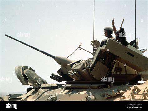 A right front view of an M-2 Bradley Fighting Vehicle with its 25mm ...