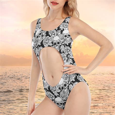 Skull White Navel Back Hollow One Piece Swimsuit Skull White Skull B