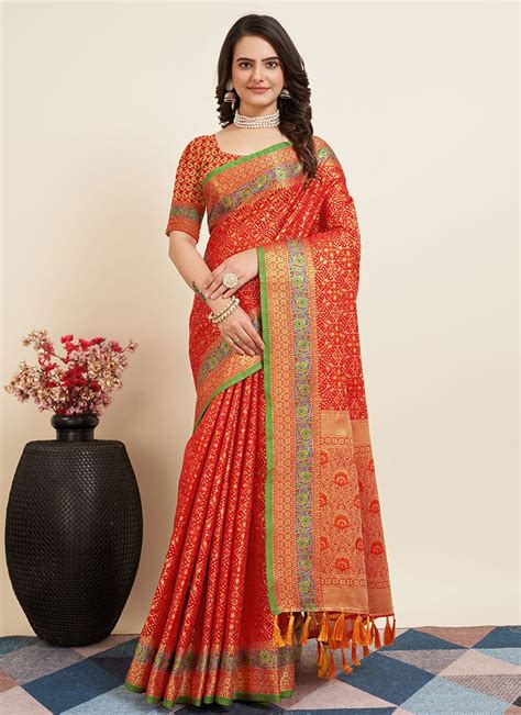 Buy Red Silk Patola Zari Saree Festive Wear Online At Best Price Cbazaar