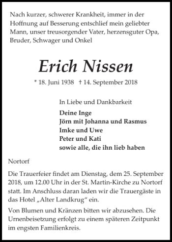 Traueranzeigen Von Erich Nissen Sh Z Trauer