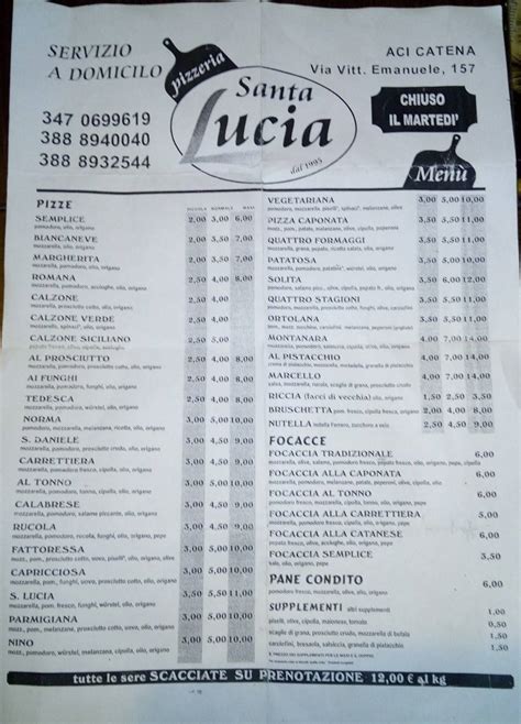 Speisekarte Von Pizzeria Santa Lucia ACICATENA Aci Catena