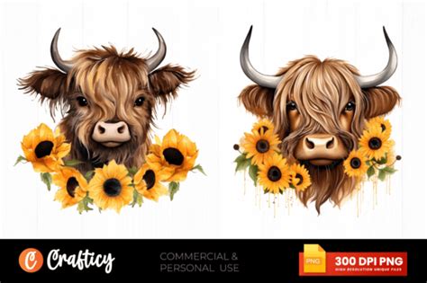 Watercolor Sunflower Highland Cows Clipa Graphic By Crafticy · Creative