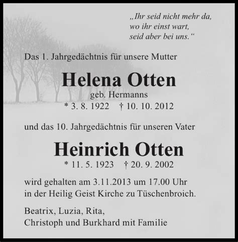 Traueranzeigen Von Helena Otten Heinrich Otten Aachen Gedenkt