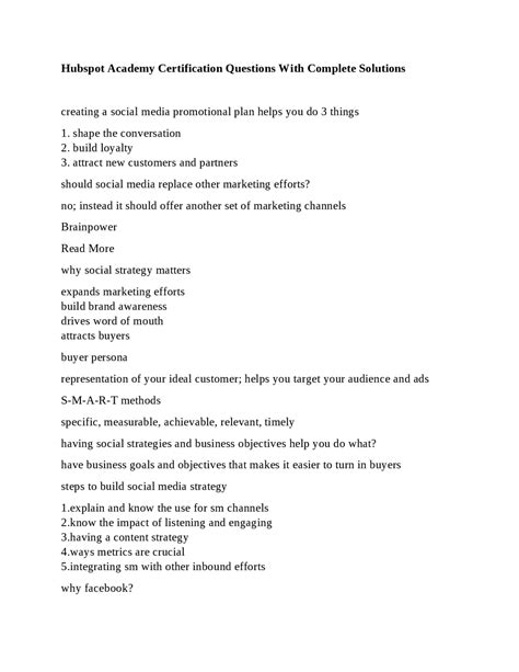 Hubspot Academy Certification Questions With Complete Solutions | Exams