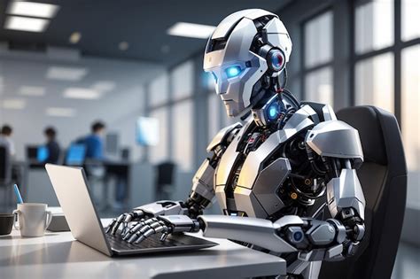 Robot Humanoide Usando Computadora Tableta En La Oficina Del Futuro