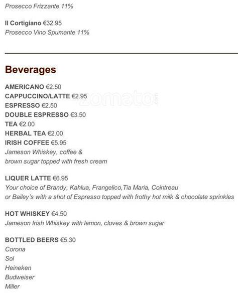 Menu at Cactus Jacks cafe, Dublin