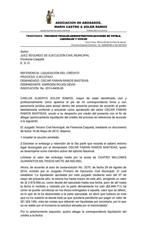Memorial DE Liquidación DEL Credito - ASOCIACION DE ABOGADOS, MARIN