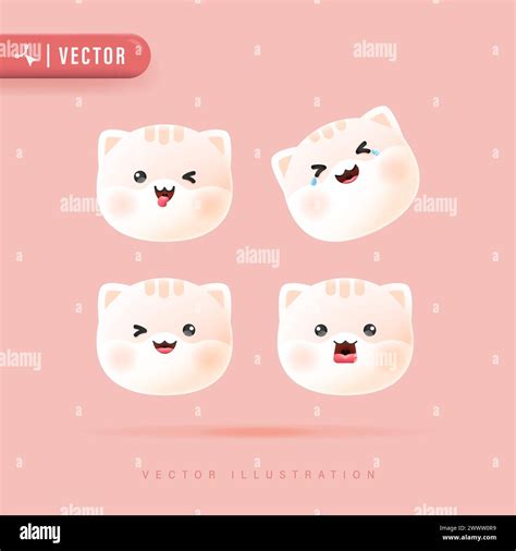 3d Realistic Vector Set Of Cute Cartoon Cat Icons With Various Facial