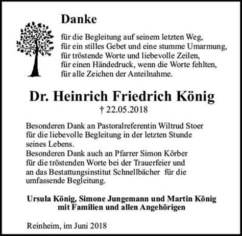 Traueranzeigen von Heinrich Friedrich König vrm trauer de