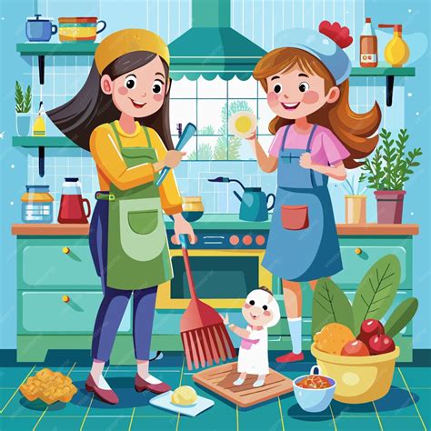 Un Póster De Dos Mujeres Cocinando En Una Cocina Con Un Bebé En La