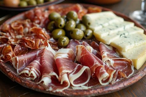 Uma Placa Um Sortido De Queijos E Azeitonas De Carne Um Prato