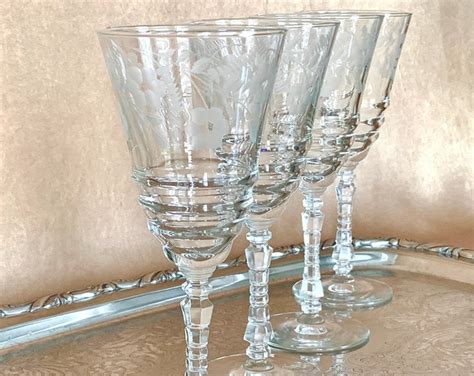 1940s Rock Sharpe Floral Etched Wine Glasses With Tall Wheel Etsy