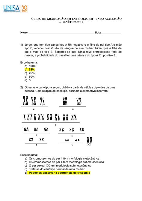 Prova 2018 questões e respostas Genética CURSO DE GRADUAÇÃO EM