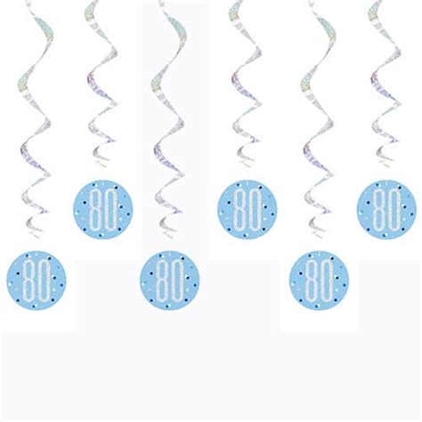 Blue Glitz Age 80 Holographic Hanging Swirl Decorations Pack Of 6