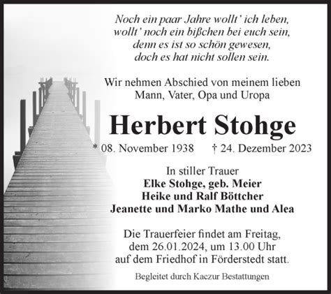 Traueranzeigen Von Herbert Stohge Abschied Nehmen De