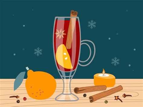 Premium Vector Mulled Wine Glass With Ingredients On Wooden Table Winter Hot Wine Drink With