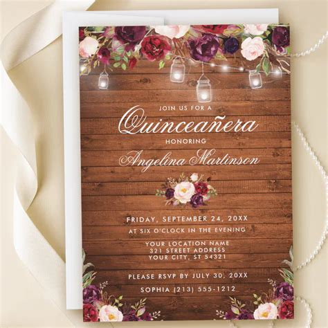 Rustic Quinceanera Wood Jar Lights Burgundy Floral Invitation Zazzle